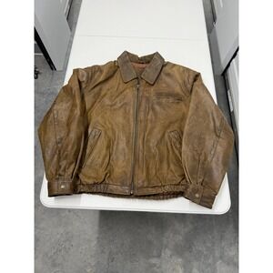 Men's Brown Leather Bomber Jacket Collared Zip Front Casual Outerwear Size L